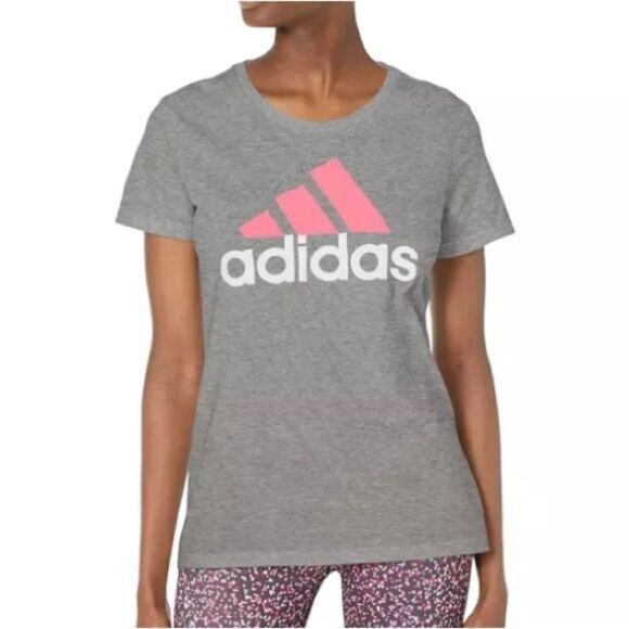 Adidas Shirt Women's Badge of Sport Logo Cotton T-Shirt Grey Heather/Red, Top - Picture 6 of 10